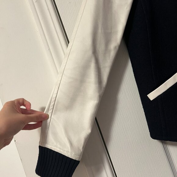 XS Club Monaco Navy blue Wool White Leather Bomber Jacket - Picture 4 of 14